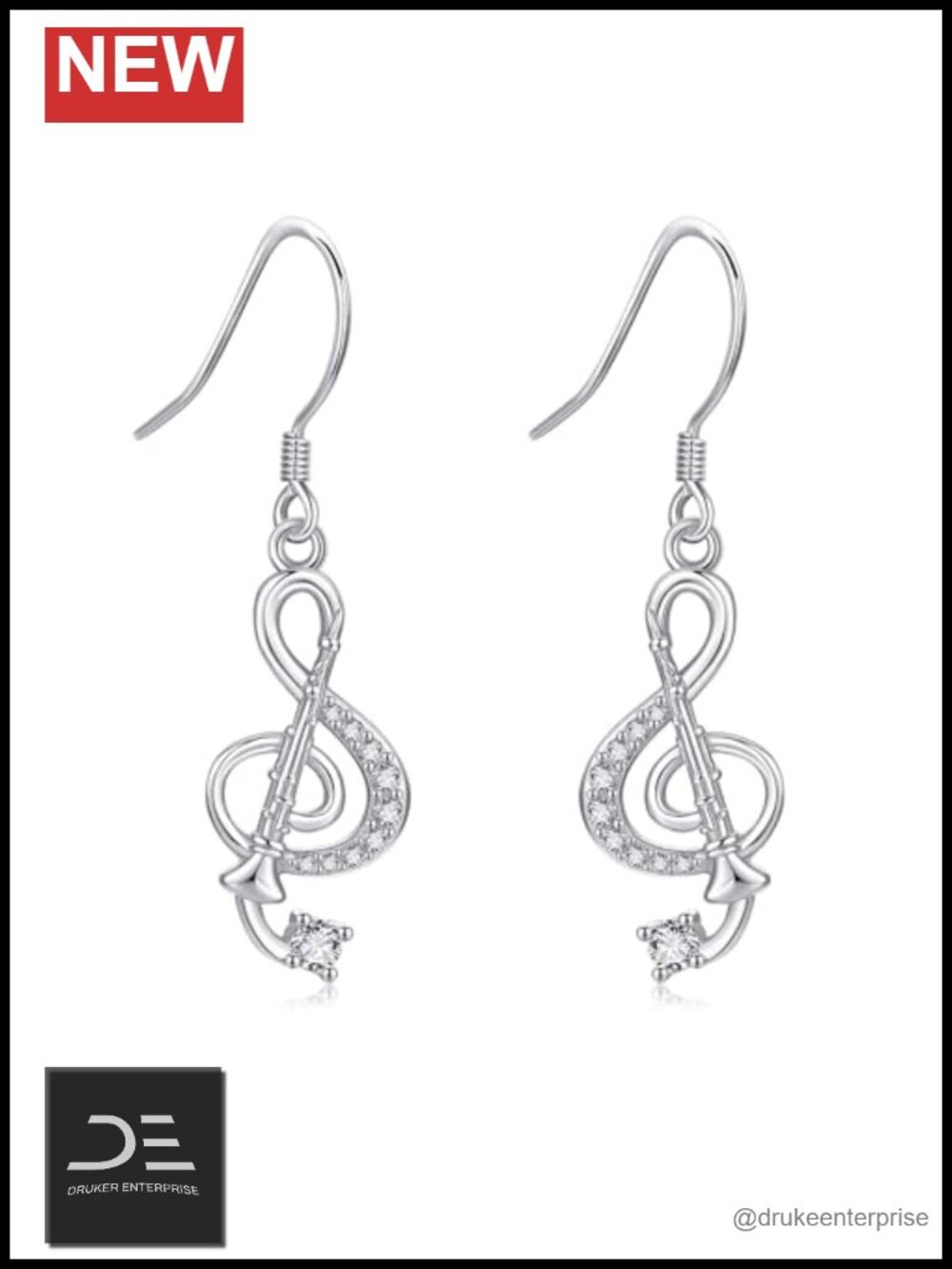 18K White Gold Plated Music Note Dangle Earrings Clarinet Treble Clef